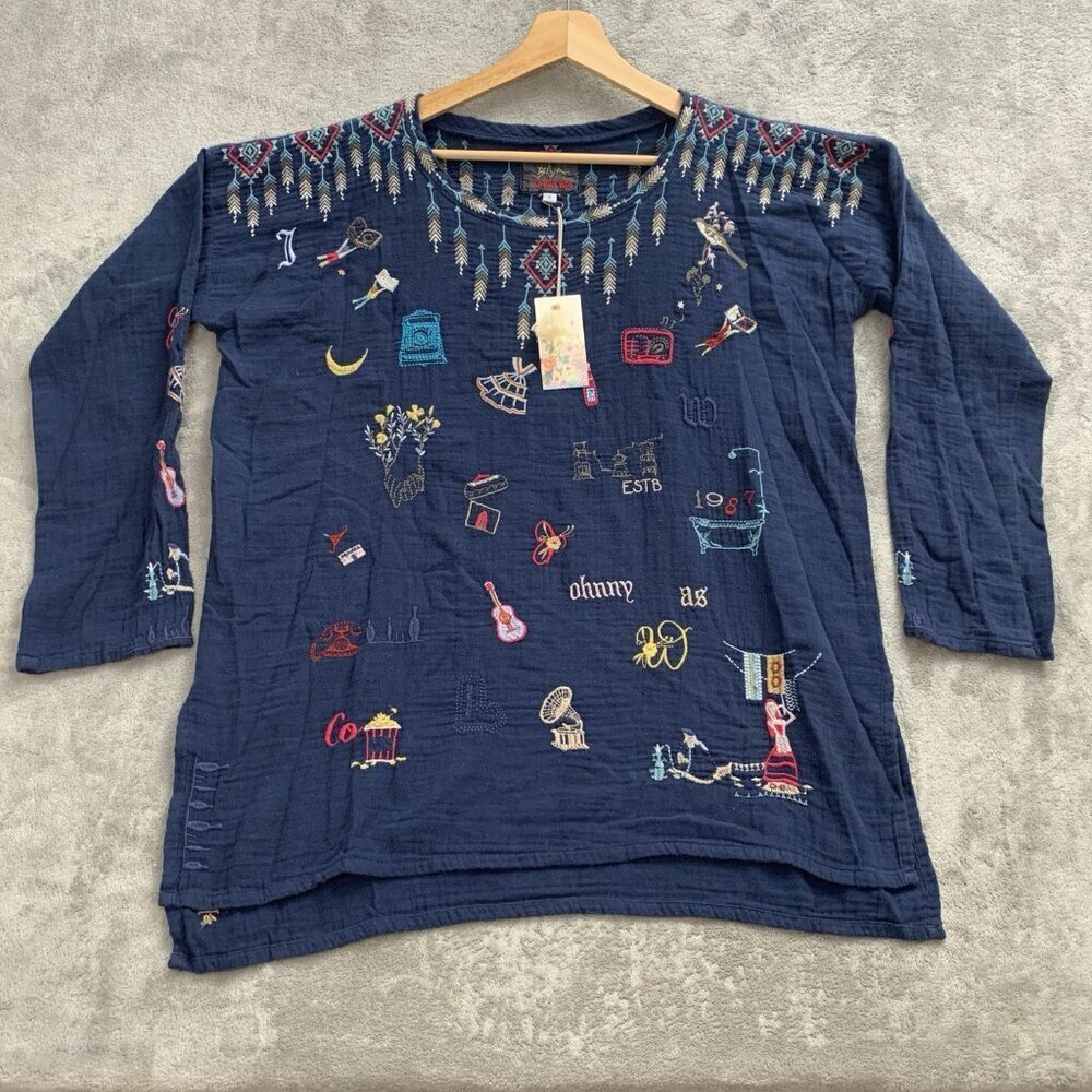 Johnny Was Biya Tunic Women S Blue Rondo Crew Neck Long Sleeve Blouse Boho Chic